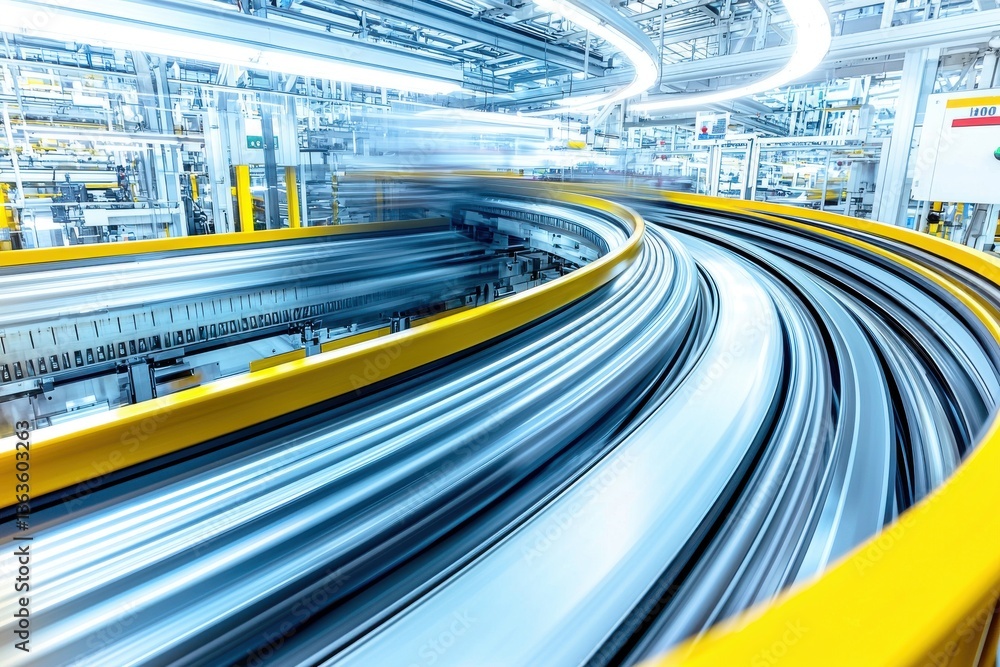 Poster a dynamic perspective of a modern factory with a yellow and blue conveyor belt system, symbolizing e