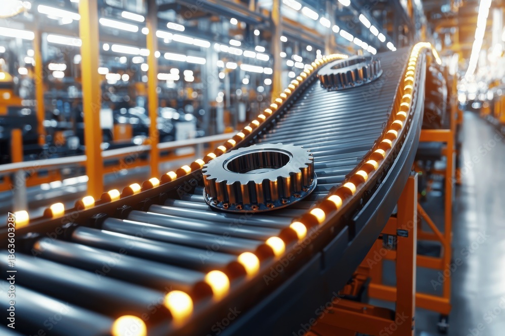 Poster gears rolling along automated factory conveyor belt. advanced equipment and precision engineering dr