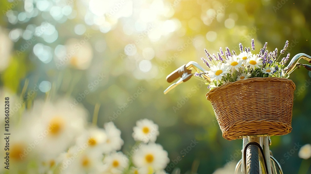 Poster a close-up of a bike with a flower-filled basket in the foreground and daisy fields in the backdrop