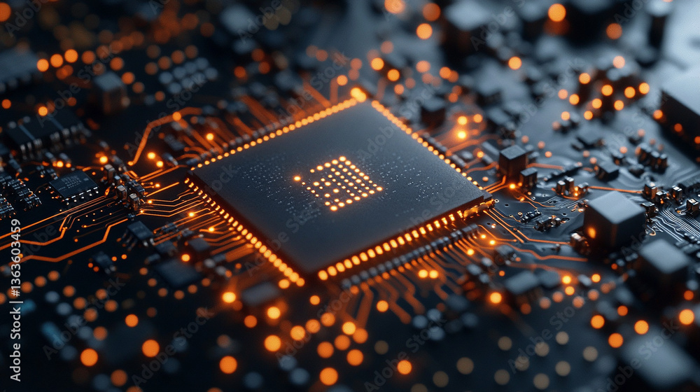 Poster microchip at the center, encircled by dynamic, glowing data streams, symbolizing technological progr