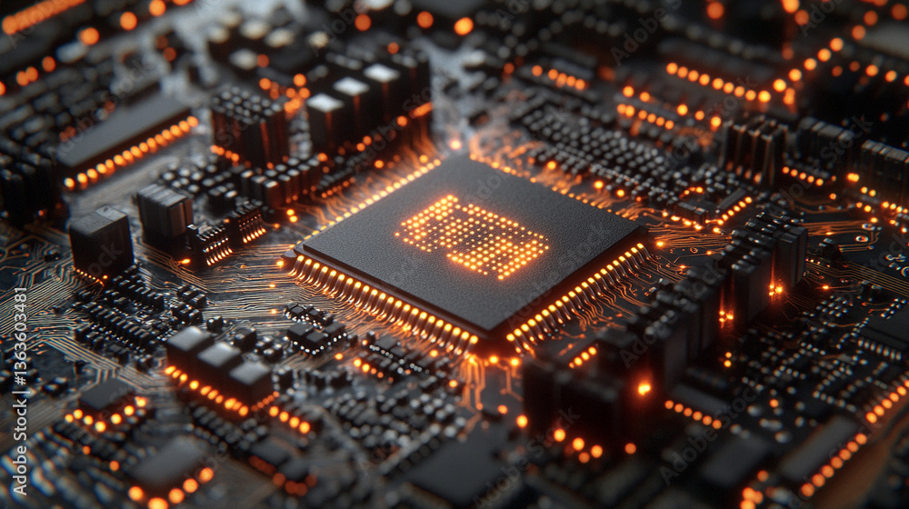 Poster microchip at the center, encircled by dynamic, glowing data streams, symbolizing technological progr