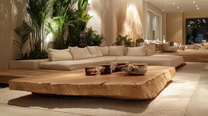 Luxurious living room with a large, rustic wooden coffee table, cream sofa, and tropical plants.