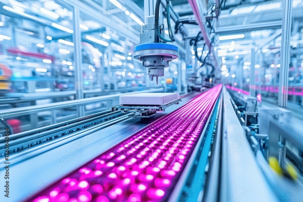 Aufkleber automated robotic arm working on a production line with conveyor belt in a modern factory, showcasin