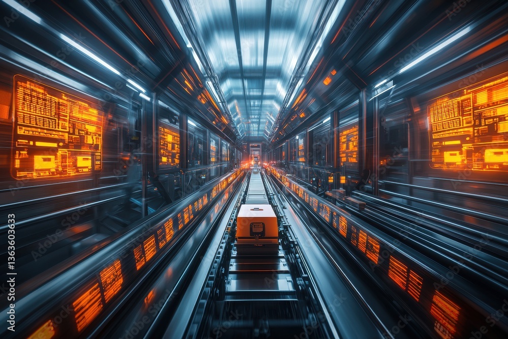 Poster futuristic transport system with automated vehicle moving through a digital corridor, lit with orang