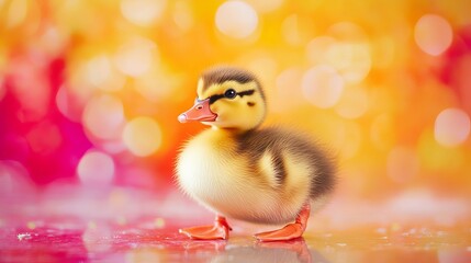 Cute duckling posing playfully on a vibrant colorful background with a cheerful expression