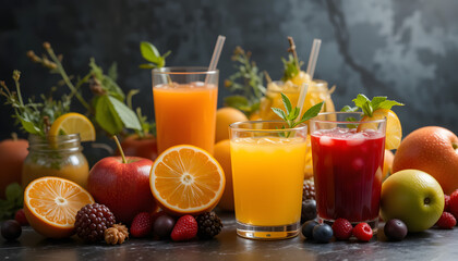 Fototapeta premium Composition of fruits and glasses of juice