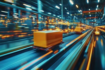 An abstract, motion-blurred industrial scene with conveyor belts carrying yellow packages, highlighting the dynamic pace of distribution and modern manufacturing processes in warehouses.
