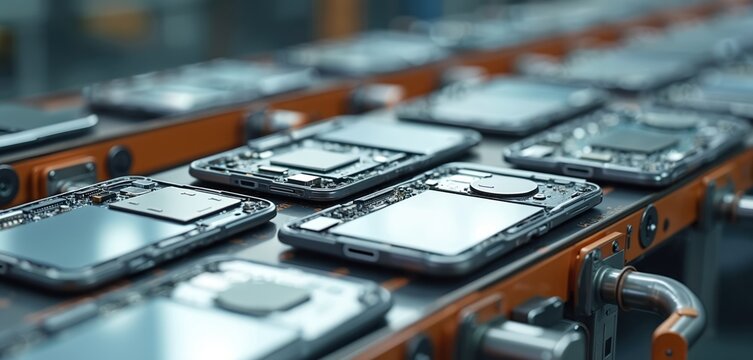 Smartphone manufacturing process on assembly line. Mobile phone production in factory. Automated smart phone assembly on conveyer belt, chip components installation, electronic tech.