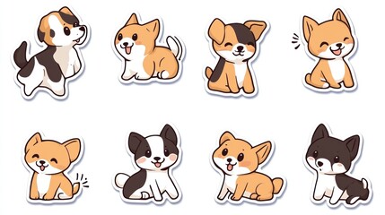 Obraz premium Eight cute cartoon puppies standing and sitting, isolated on a white background