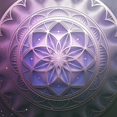 Naklejka premium Mesmerizing geometric pattern radiating sacred harmony on a celestial gradient background from deep purple to soft pink adorned with interlocking floral formations and glowing cosmic dots
