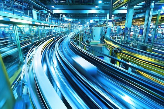 Automated conveyor system in a modern industrial facility, showcasing movement and efficiency with blurred motion and vibrant blue and yellow tones, highlighting technological advancement.