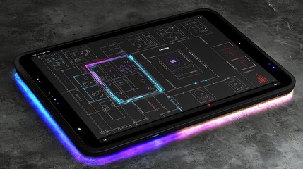 Minimalist digital tablet displaying a glowing design blueprint UXUI sketches and a futuristic creativity workflow ultra realistic 4K
