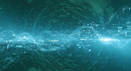 Abstract teal data wave glowing in dark space. AI Generated
