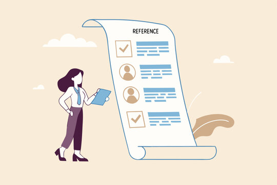 Professional references resume, people who recommend, working experience or recommendation for candidate, skill guarantee concept, business woman with reference people and work experience document.