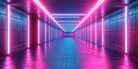 Neon-lit corridor with vibrant pink and blue lights creating an atmospheric effect in a modern urban setting