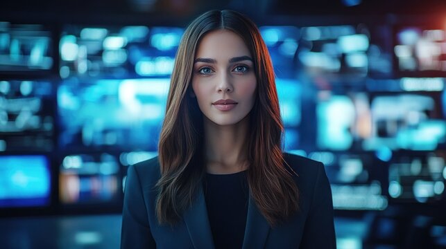 Elegant female presenter delivering news against a backdrop of digital displays