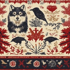 Obraz premium seamless Heartwarming scene of a dog and a bird on a floral background illustrating the bond between animals and nature