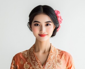 Portrait of Asian Woman Smiling with Flower in Hair and Traditional Dress
