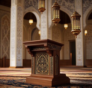 Ornate wooden minbar with hanging lanterns in a mosque interior with patterned carpet and arches