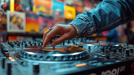 A hand spinning a vinyl record on a music mixing console