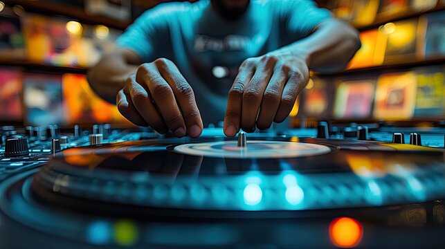 A person skillfully manipulating a record player on a turntable