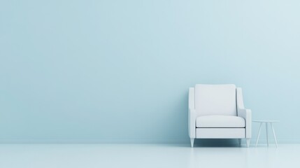 A white armchair and a small table stand against light blue