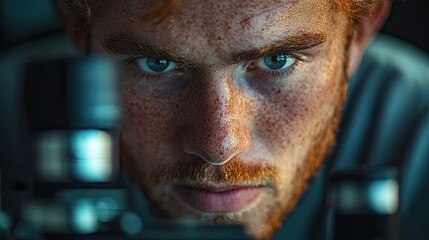 Close up portrait of a man with red hair looking intently
