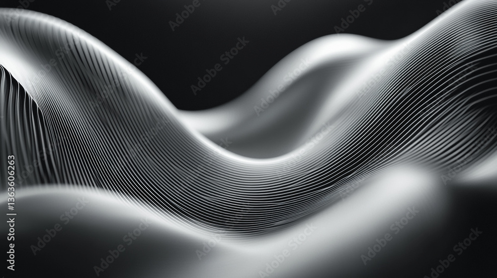 Poster abstract monochrome image showing a wavy surface with parallel lines in a dark environment
