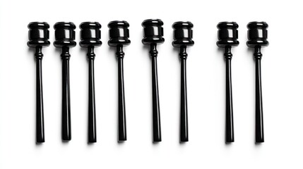 Eight black gavels aligned, white background; legal concept