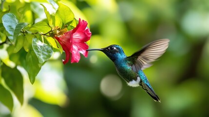 Naklejka premium Hummingbird flying near red flower