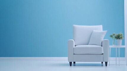 A comfortable white armchair sits in front of a blue wall