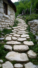Stone path leads uphill by a quaint stone building amid lush green foliage
