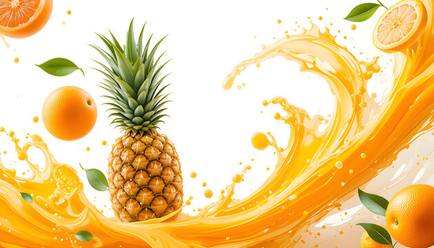 Orange, pineapple, mango fruit juices liquid 3D splash mix. Healthy fruits juice or smoothie splash label ad banner design with orange, pineapple, mango fruits and juice splash wave isolated on white
