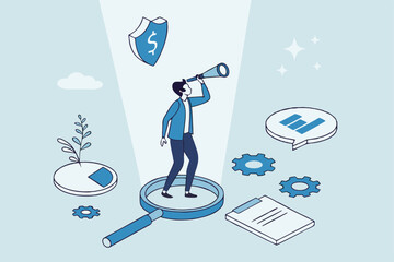 Corporate transparency, integrity or trust, business management with responsibility, financial transparent, legal or agreement for ethic report concept, businessman on magnifying glass transparency.