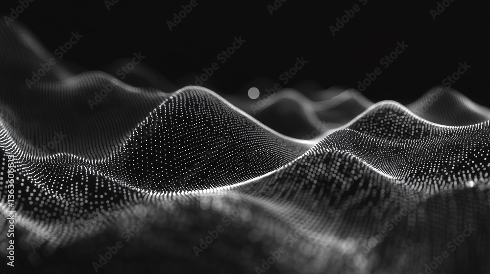 Poster abstract monochrome landscape with undulating dotted waves against a dark background design element