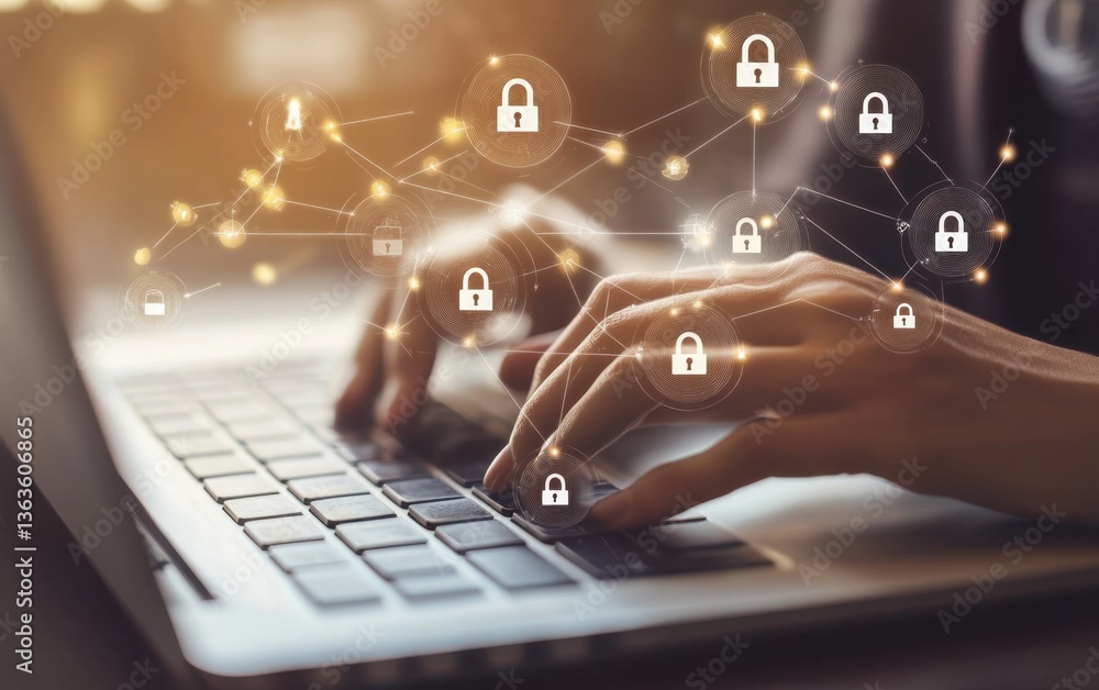 Poster a person typing on their laptop with security icons floating around them, indicating data protection