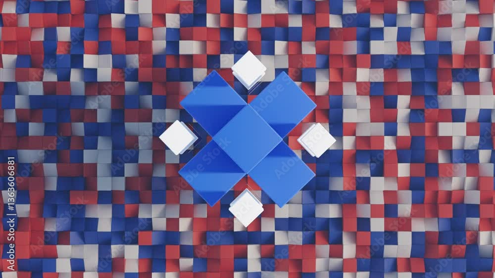Poster abstract 3d render, floating structured red blue and white cubes, seamless animation loop for design
