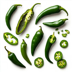 Dynamic illustration showcasing an assortment of green chilies featuring whole jalape&ntilde;os alongside chopped and sliced peppers with seeds; ideal for food-related designs on a pristine backdrop. 