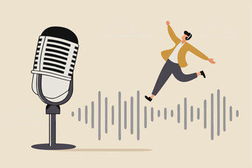 Podcast listening, microphone broadcasting with knowledge learning, personal development or voice communication to success concept, businessman walking on sound wave from podcasting microphone.