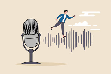 Podcast listening, microphone broadcasting with knowledge learning, personal development or voice communication to success concept, businessman walking on sound wave from podcasting microphone.