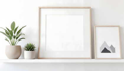 Scandinavian-inspired collage frame mockup on white floating shelf with black-and-white artwork and plants
