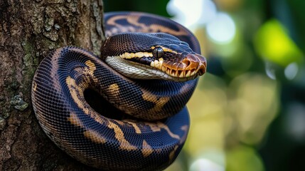 Obraz premium A beautifully patterned snake coiled around a rough tree trunk