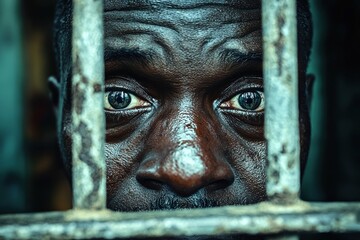 A poignant portrait of an African man behind bars, expressing themes of injustice, confinement, and resilience with intense eyes and textured skin, highlighting his human spirit.