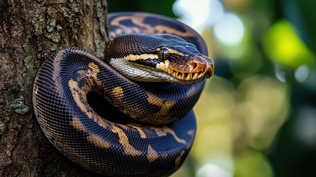 A beautifully patterned snake coiled around a rough tree trunk