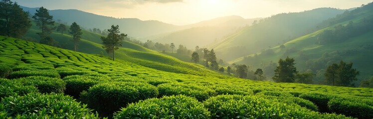 Fototapeta premium Scenic view of green tea plantation in Sri Lanka. Tea fields near Nuwara Eliya with beautiful natural landscape, panoramic view. Travel destination, eco tourism and agriculture concept.