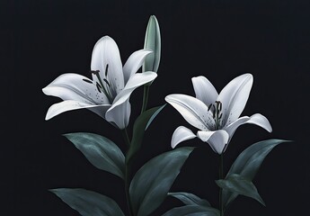 Fototapeta premium Elegant white lilies against a dark backdrop. Two blossoms and a bud, with dark teal foliage, create a delicate and serene floral still life