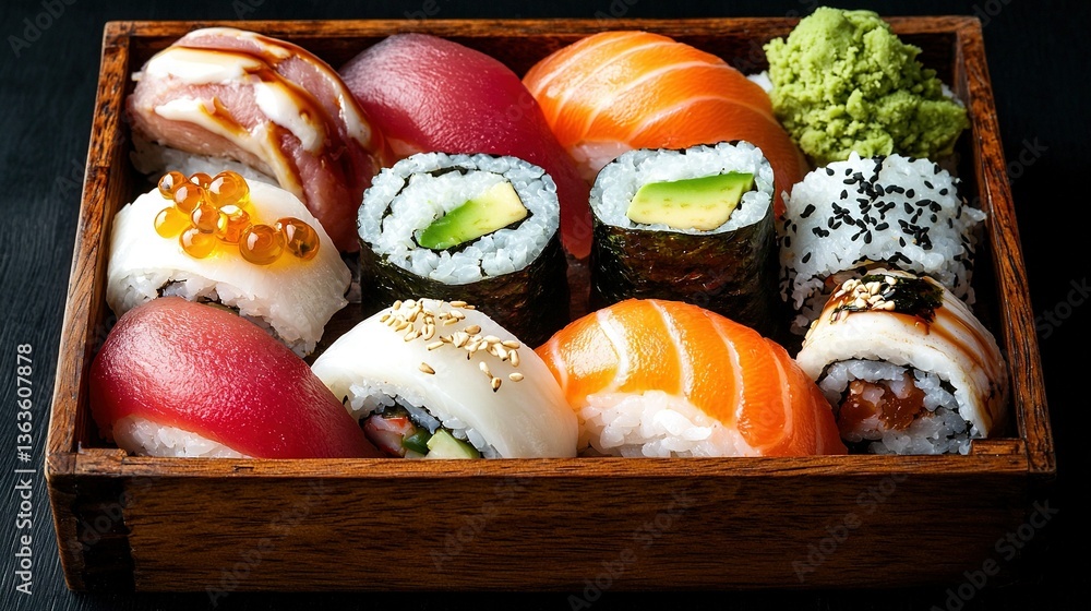 Poster a detailed image of a sushi box with various rolls displayed alongside it