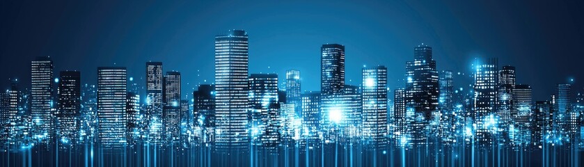 Obraz premium Smart city skyline, digital network, glowing lights, future tech