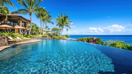 Fototapeta premium Luxurious tropical resort: Infinity pool merging seamlessly with ocean horizon under clear blue sky