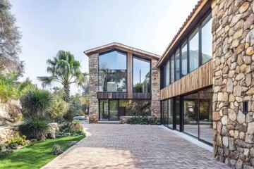 Stunning modern stone house with large windows in a serene garden setting during daylight showcasing architectural elegance
